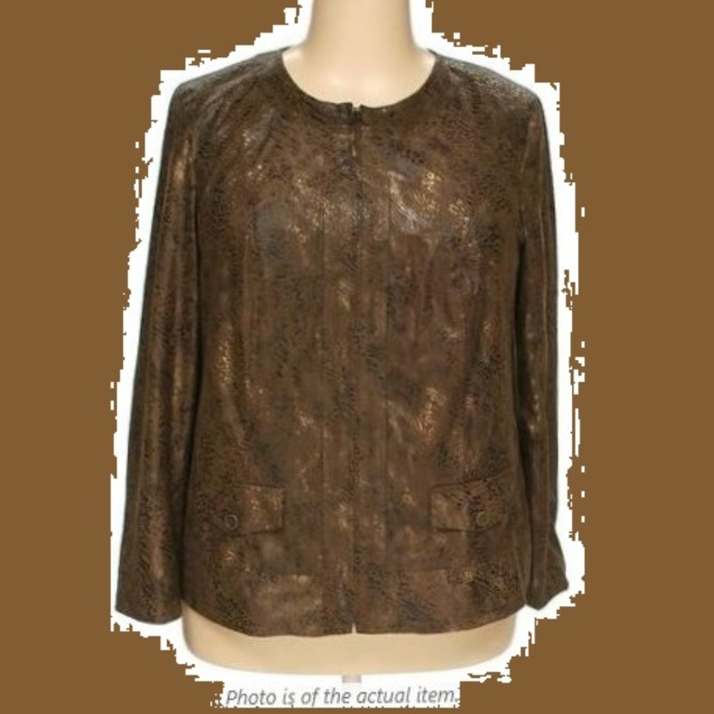 Brown and Copper Faux Suede Metallic Bomber Jacket